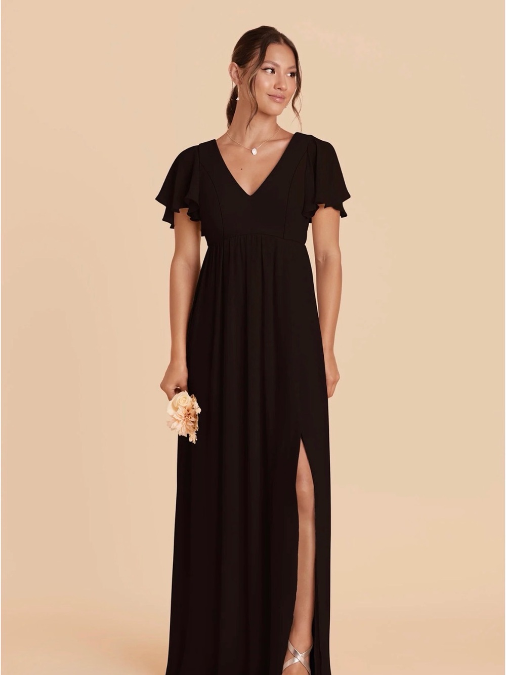 Birdy Grey Black V-Neck Maxi Dress with Flutter Sleeves and Side Slit